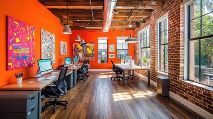 Fototapeta premium Spacious office with panoramic windows, open desks, and decorative touches like pendant lights and wall art.