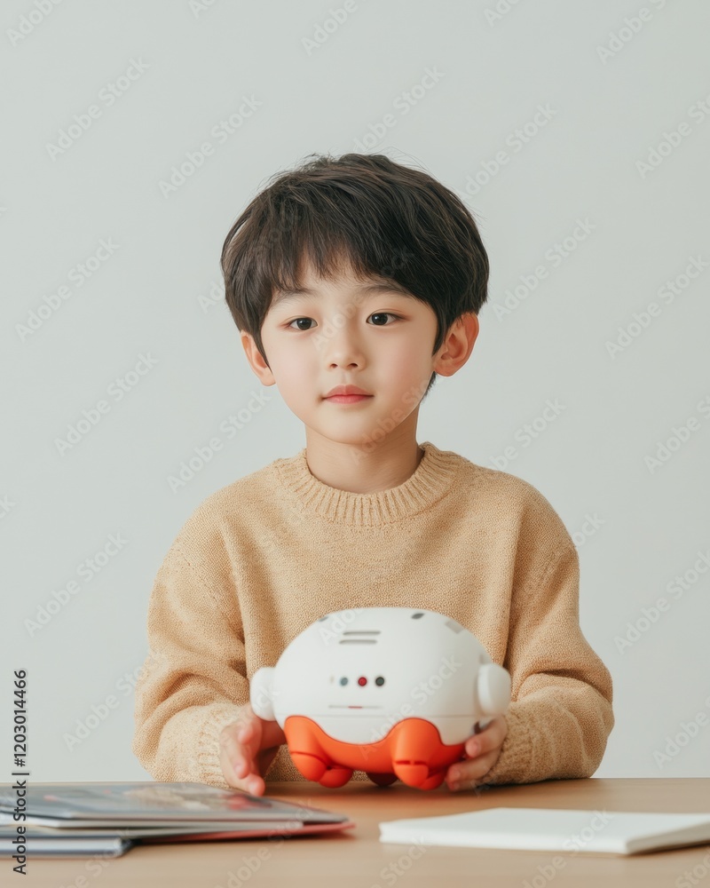 Aufkleber tech-infused learning young korean boy with smart educational robot on wood desk - enhancing digital