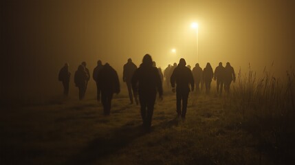 Fototapeta premium A group of people walking in the dark