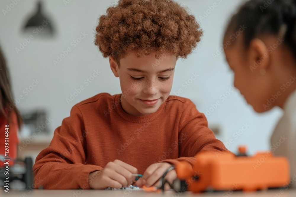 Poster interactive steam learning diverse kids engaging with robotics kits on sleek classroom tables - futu