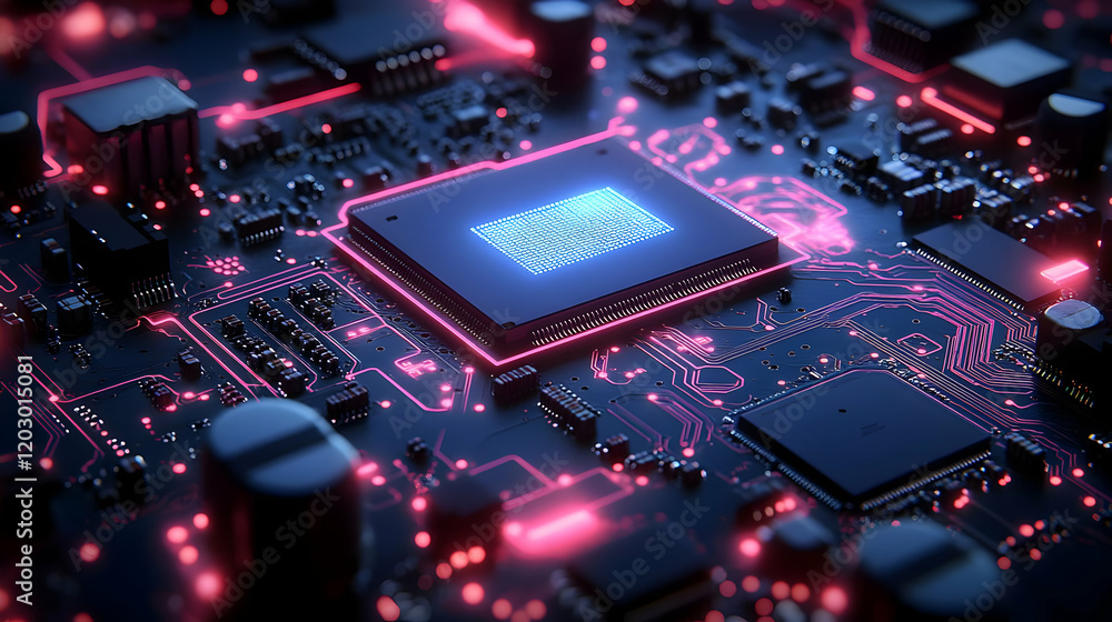 Poster close-up of a glowing microchip on a circuit board, showcasing intricate technological details and v
