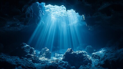 Underwater cave sunlight beams ocean floor (1)
