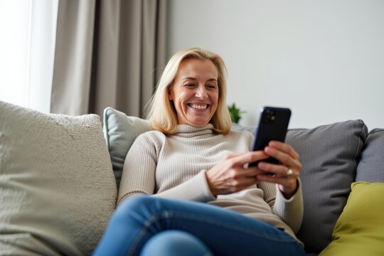 Happy Woman Sitting on Couch Using Smartphone with Comfortable Cozy Home Environment
