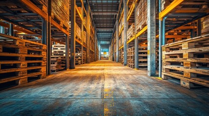 Wooden Pallets Stacked High In A Large Warehouse