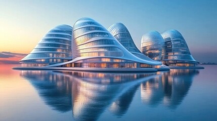 Futuristic Aquatic Buildings Reflecting Sunset Hues