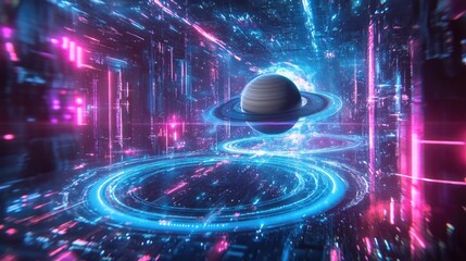 Saturn Rings Neon Cyberpunk Digital Art