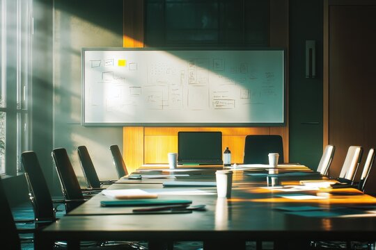 Sunlit meeting room with brainstorming setup