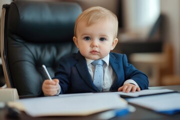 Adorable Baby Boss in a Classic Business Suit at Work