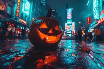 A pumpkin with a smiley face is sitting on a wet street