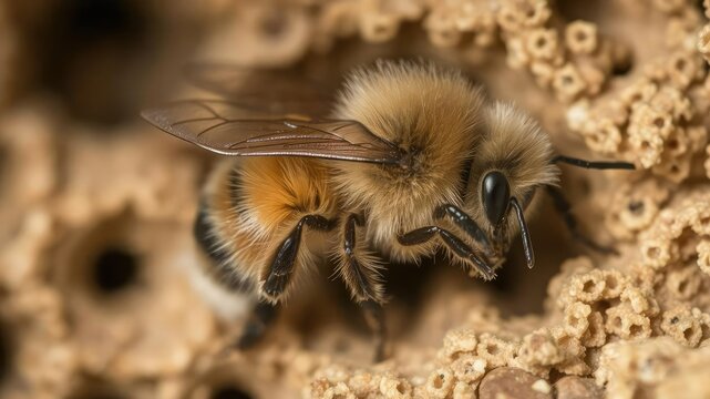 Close-up macro photography of osmia rufa bee inside a bee house, showing intricate details of its fuzzy body and wings, wildlife, small creature, vibrant