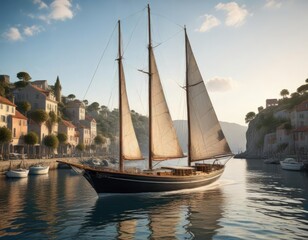 Classic sailing yacht in a picturesque harbor, classic sailing, sailing ships, sailing vessels