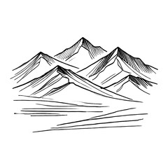 A minimalist mountain line sketch on a white background with clean, simple details and sharp edges.
