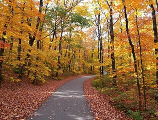 Obraz premium Autumn Road Winding Through Colorful Fall Foliage Forest