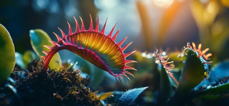 Venus flytrap plant in sunlight, nature close-up