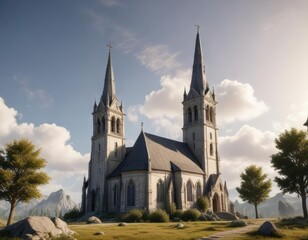 Fototapeta premium Church with a tall, narrow spire rising above the surrounding landscape, montenegro, spirituality