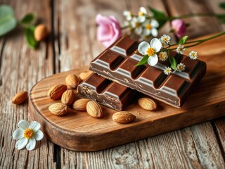 Chocolate bar with almonds and flowers on a rustic wooden board, cozy, wood