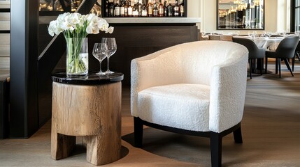 Elegant lounge chair with side table and flowers