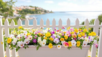 Cheerful flower box filled with colorful pansies and daisies, situated on a balcony with a view of the water and a charming white picket fence, balcony, scenic, daisies