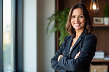 Fototapeta premium Confident Businesswoman in Modern Office Setting Smiling with Professional Attire and Stylish Décor, Showcasing Success and Positivity