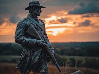 Fototapeta premium Timeless Military Art Bronze Soldier Statue at Sunset - Heritage Tribute Content and Historical Memorial Design for Cultural Engagement