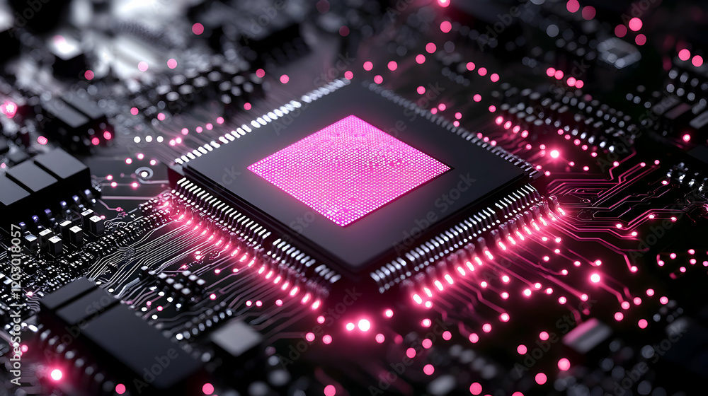 Poster close-up of a glowing pink computer microchip on a dark circuit board, showcasing intricate circuitr