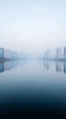 Fototapeta premium Minimalist Urban Waterway Design Glassy City Lake with Reflection of High-Rises - Enhancing Urban Planning and Architectural Aesthetics for Sustainable Development