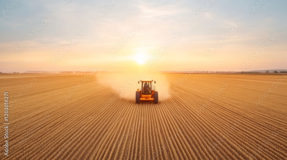 Poster Golden Hour Tech-Agro Harvest Advanced Crop Collector and Data-Driven Farming Amidst Dusty Fields - Empowering Modern Agriculture and Sustainable Rural Growth