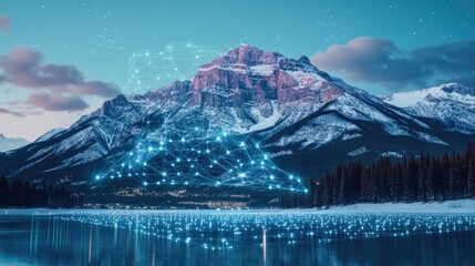 Digital Network Over Snowy Mountain Lake