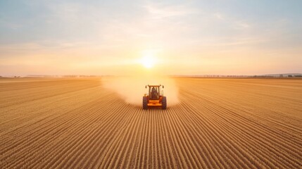 Fototapeta premium Golden Hour Tech-Agro Harvest Advanced Crop Collector and Data-Driven Farming Amidst Dusty Fields - Empowering Modern Agriculture and Sustainable Rural Growth