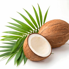 A fresh coconut with its rough brown shell and vibrant green leaves,