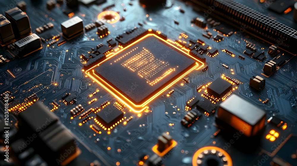 Poster close-up view of a glowing microchip on a circuit board, showcasing intricate technological details 