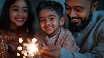 A tranquil scene of a family celebrating New Year at home with sparklers,