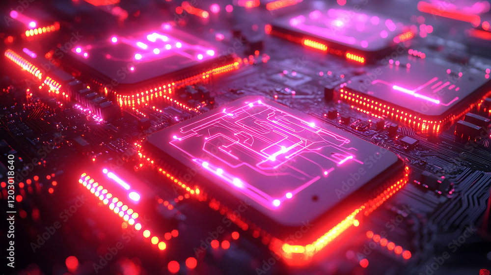 Poster close-up view of a circuit board with glowing red and pink computer chips, illustrating technologica