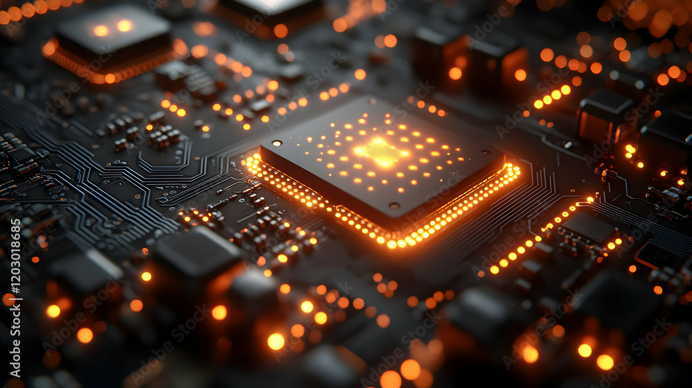 Poster close-up view of a glowing microprocessor on a dark circuit board, showcasing intricate details of m