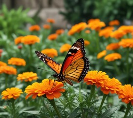 Fototapeta premium Butterfly perches on the bright orange marigold petals in a garden, insects on flowers, bright colors, beautiful butterfly