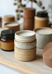 Artisanal Skinminimalism Earthy Ceramic Jars with Natural Skincare Creams for Modern Wellness and Sustainable Beauty Merchandising