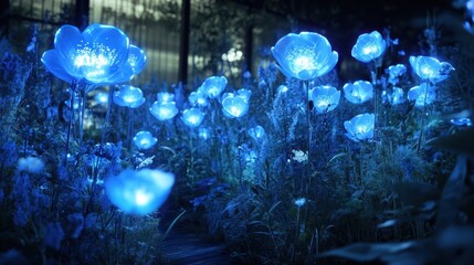Illuminated Blue Flowers Bloom in a Night Garden