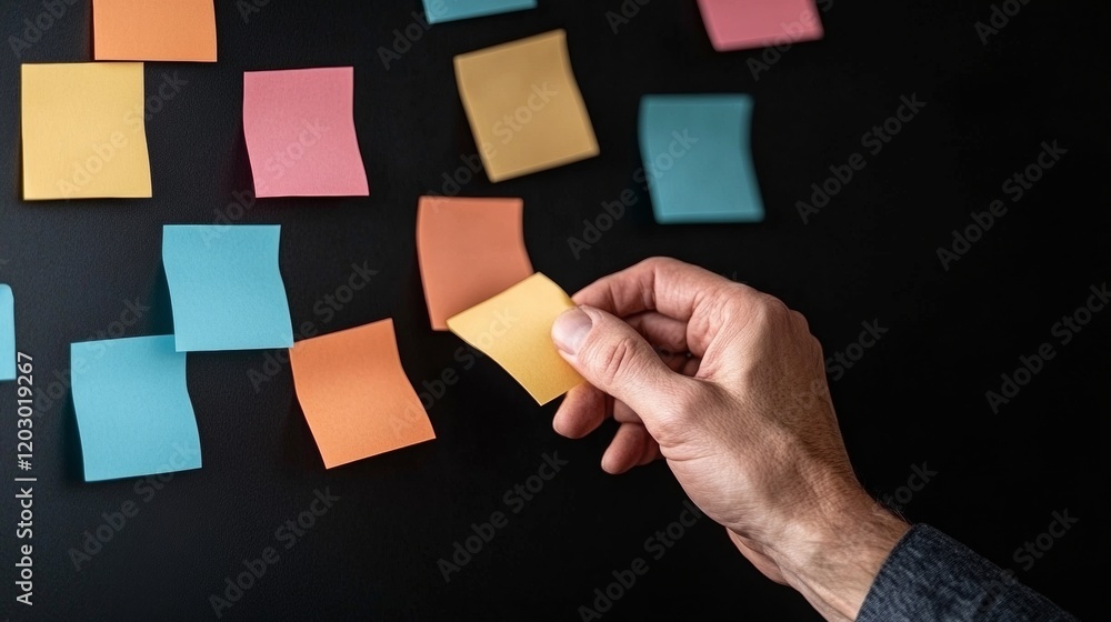 Aufkleber Contemporary Creative Workspace Colorful Sticky Notes on Black Surface for Dynamic Team Planning - Enhance Productivity and Collaboration with Modern Design Concepts for Business Innovation
