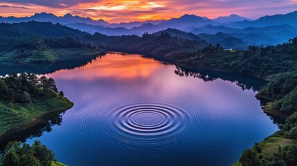 Serene Sunset Over Mountain Lake With Ripples