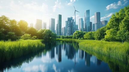 Fototapeta premium A scenic shot of a wealthy, renewable energy-focused city with a solar farm in the foreground and eco-friendly skyscrapers glittering in the sunlight.