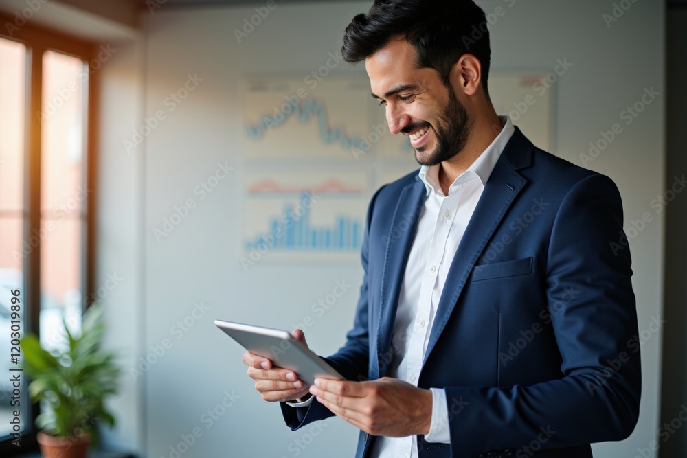 Poster smiling businessman in suit using tablet in modern office with financial charts in background: profe