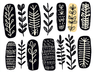 Abstract botanical illustration with bold black and beige geometric patterns and hand drawn leaves