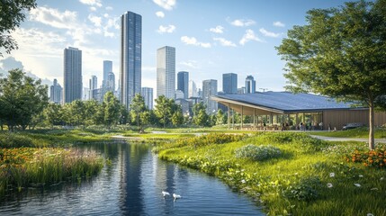 A vibrant city park in an eco-conscious area, surrounded by futuristic skyscrapers with reflective solar glass and wind turbines on rooftops.