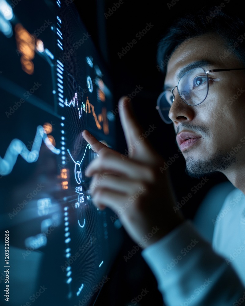 Poster Smart-Tech Brainstorm Asian Male Analyzing Real-Time Data on Interactive Glass Screen - Innovative Teamwork and Tech-Driven Strategies for Modern Business Growth