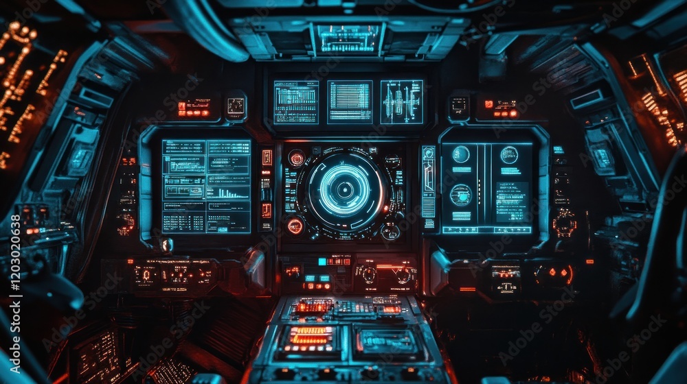 Poster futuristic spaceship cockpit control panel interface