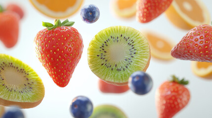 Naklejka premium A cluster of fresh, vibrant fruit slices floating freely: strawberries, oranges
