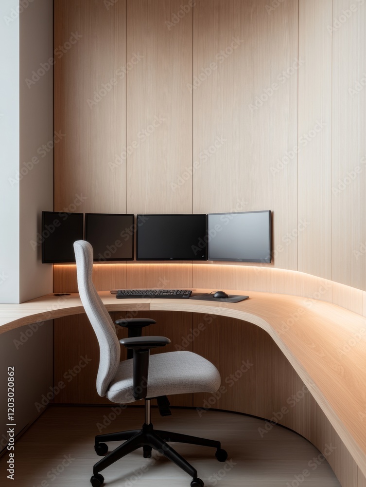 Aufkleber ergonomic hybrid workspace minimalist l-shaped desk in light wood with multi-screen setup and led li