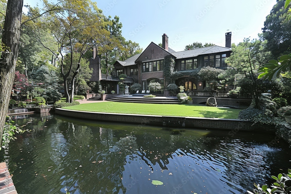 Poster a large house with a pool and a pond in front of it