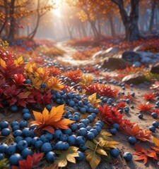 Fototapeta premium Blueberry patch in autumn, with fallen leaves and overripe berries , fall foliage, changing seasons, patches