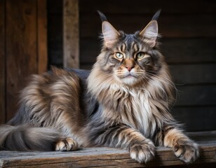 Obraz premium Majestic Maine Coon Cat with Long Fluffy Fur Posing on Wooden Surface